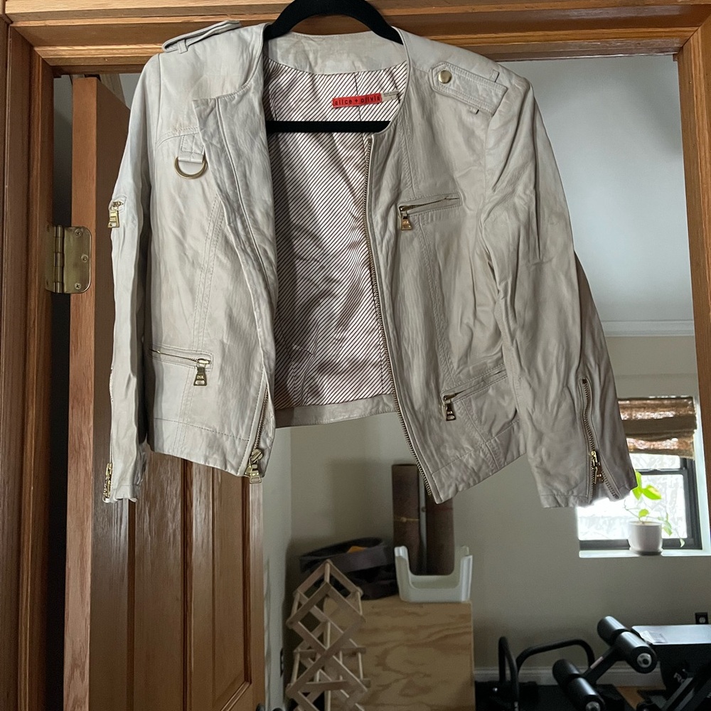 Alice &!Olivia beige leather bomber jacket